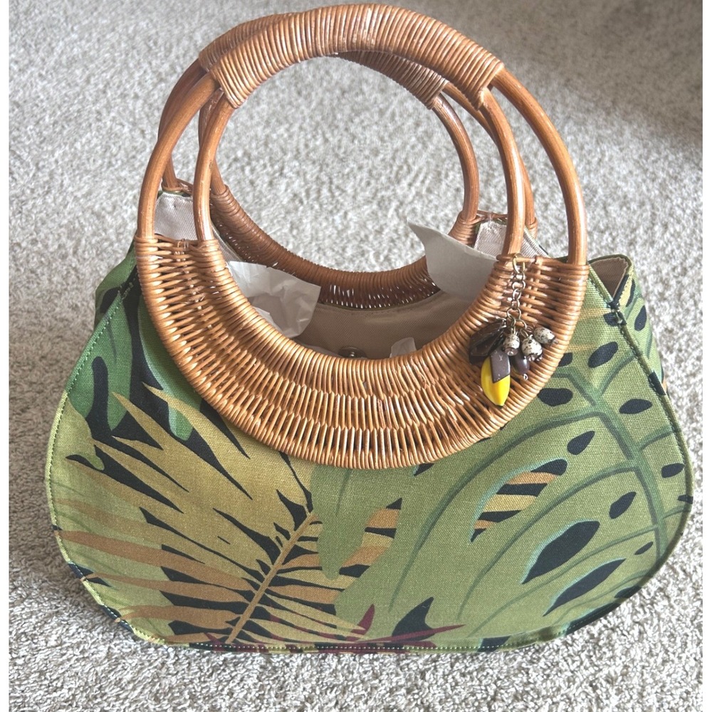 Vintage Fossil Forever Canvas‎ Tropical Leaf Vacation Rattan Handle Tote Bag